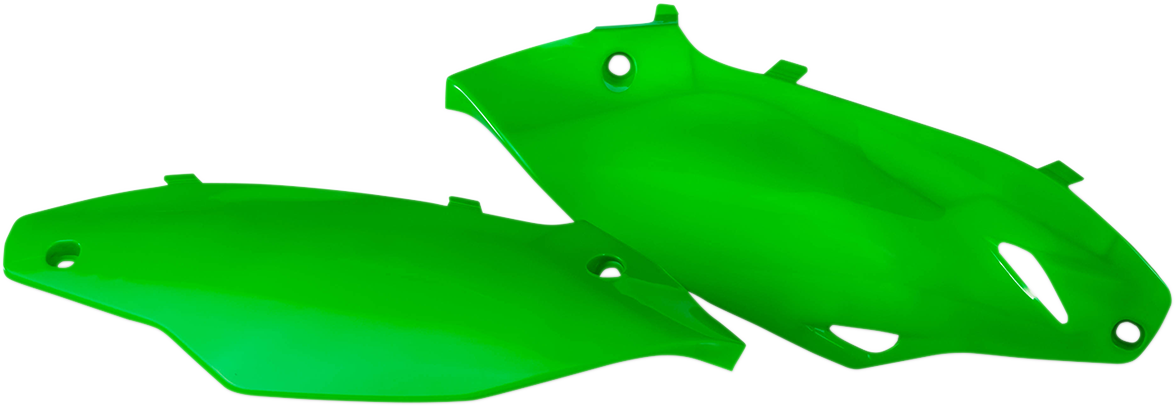 Green Acerbis side panels for motorcycle body, featuring sleek design and brand logo, perfect for customizing your bike.