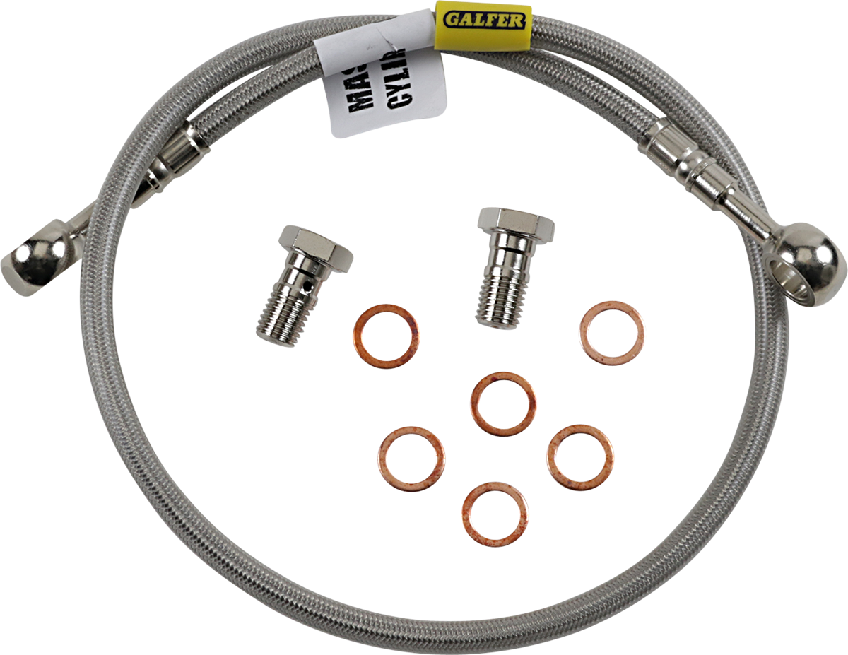 Stainless steel brake line for bikes, GBRAKES FK003D253R, showing the durable, flexible tubing with fittings on each end.