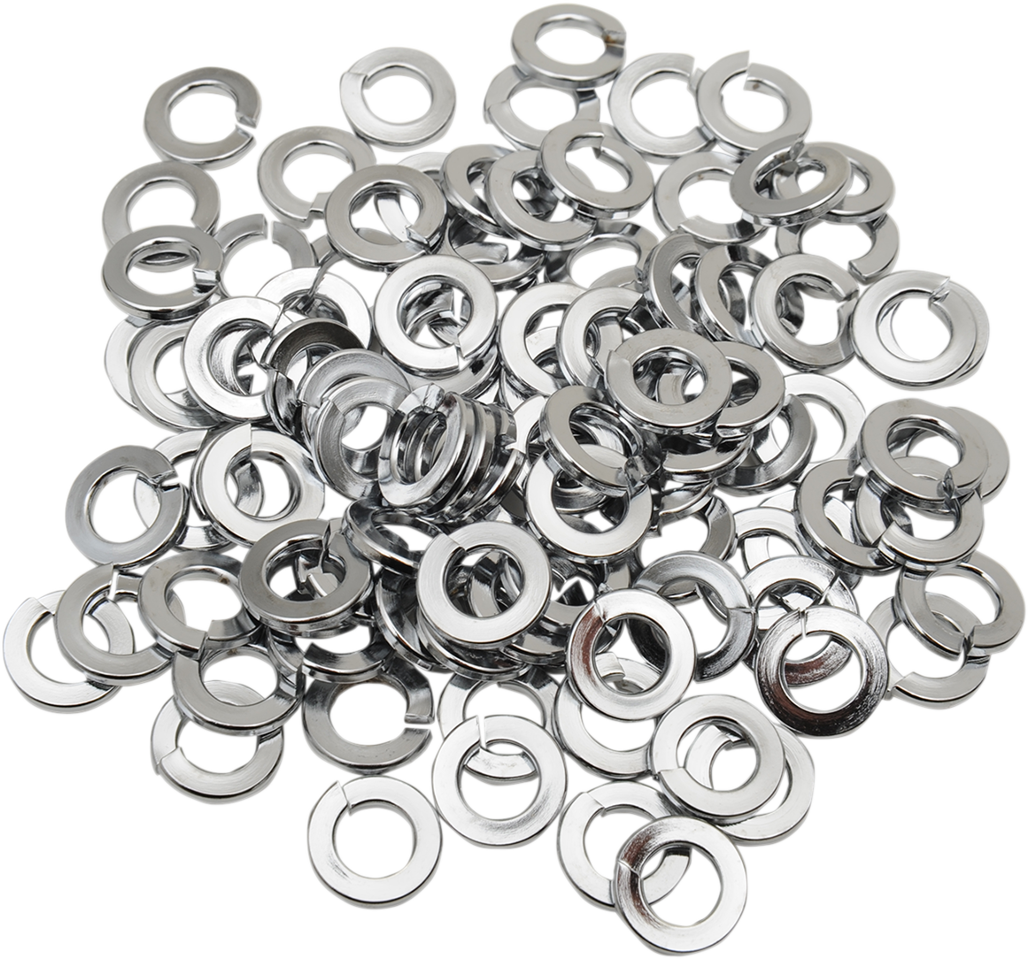Chrome 1/4 inch Drag Specialties lock washers, MPB171, pack of 100, showing shiny metal lock washers for motorcycle parts.