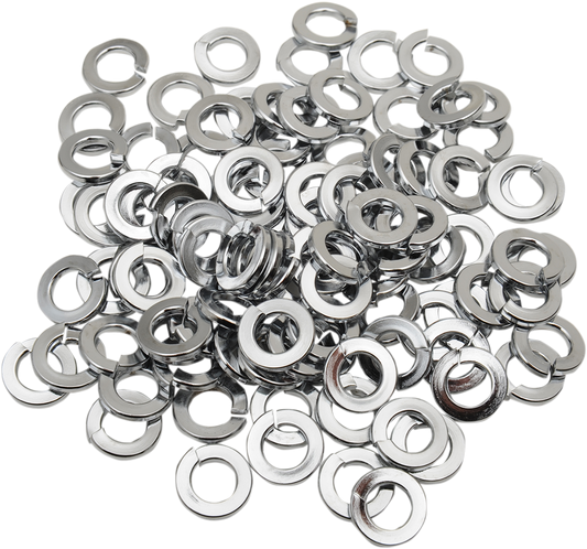 Chrome 1/4 inch Drag Specialties lock washers, MPB171, pack of 100, showing shiny metal lock washers for motorcycle parts.