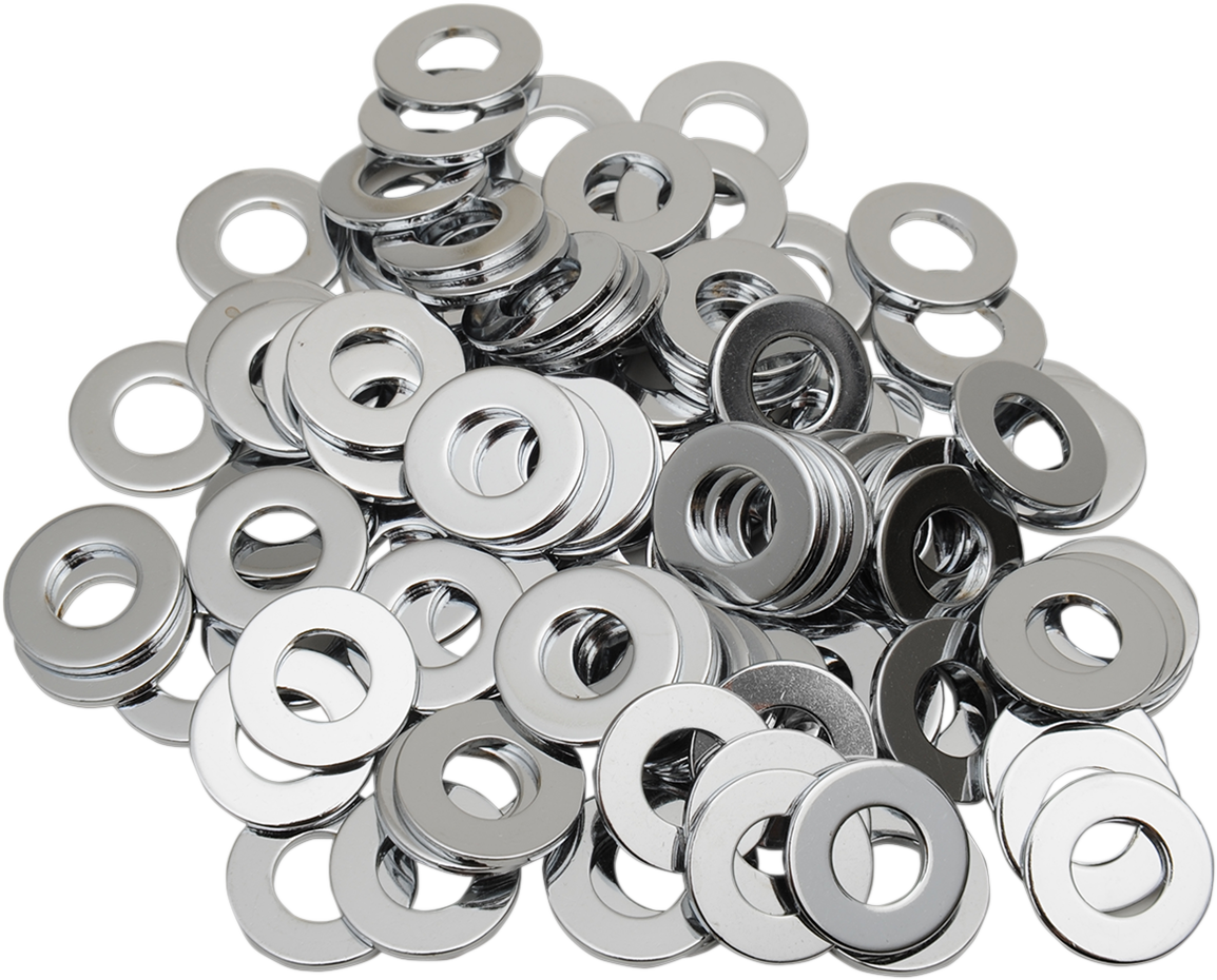 Chrome flat washers, 1/4 inch size, from Drag Specialties, designed for motorcycle or mechanical applications.