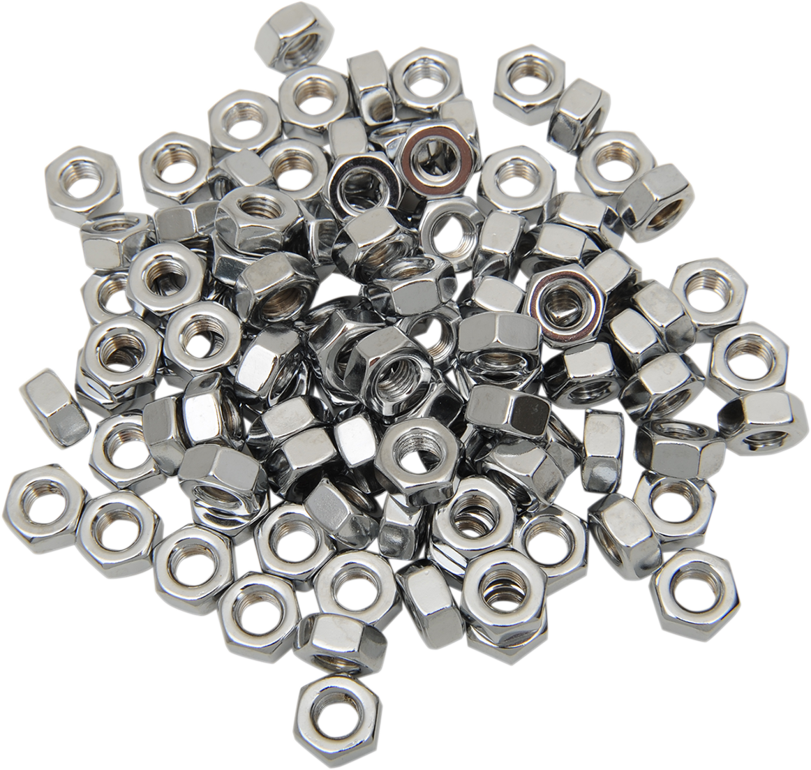 Chrome DRAG SPECIALTIES 1/4"-28 hex nuts, pack of 100, designed for motorcycle parts and fastener applications.