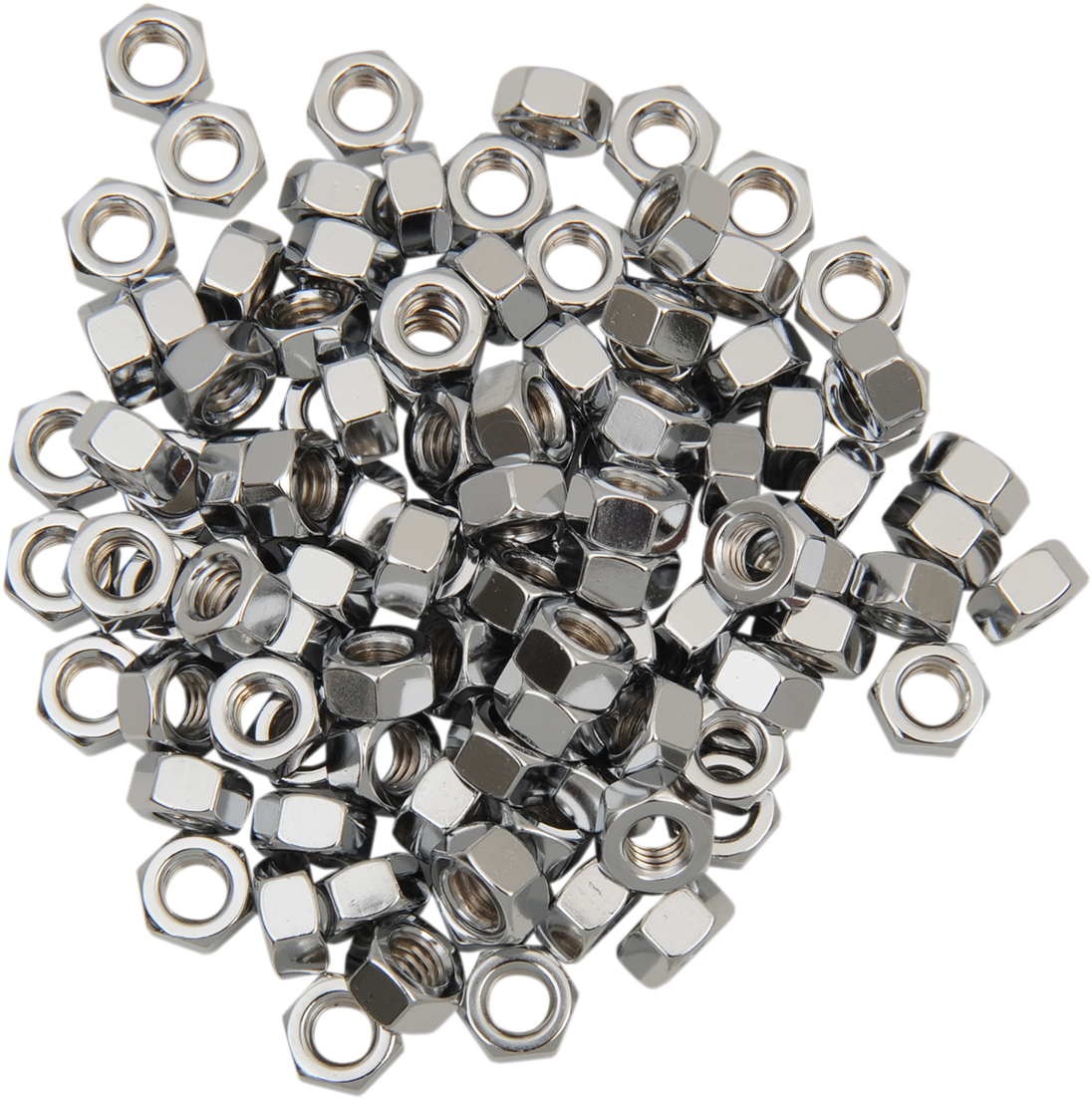 Chrome 5/16-inch-18 hex nut from Drag Specialties, model MPB169, showing a shiny, durable motorcycle hardware component.