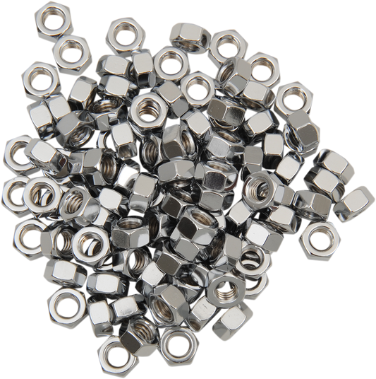 Chrome 5/16-inch-18 hex nut from Drag Specialties, model MPB169, showing a shiny, durable motorcycle hardware component.