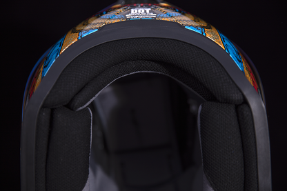 Bill's Exhausts ICON Airform™ Pharaoh gold helmet, medium size, lightweight motorcycle helmet with sleek design and ventilation.