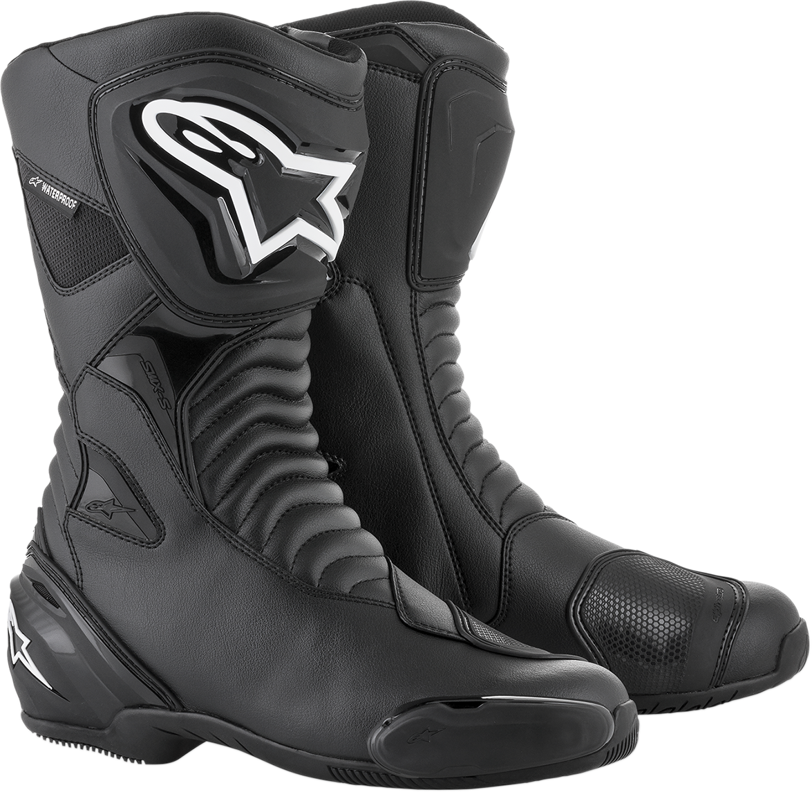 Black Alpinestars SMX-S motorcycle boots in US 13.5, EU 49, featuring sturdy design and protective gear for riders.