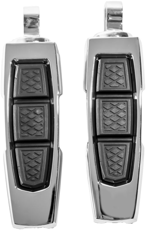 Chrome Kuryakyn Enygma Pegs with Adapter for motorcycle customization, showing sleek foot peg design and mounting hardware.