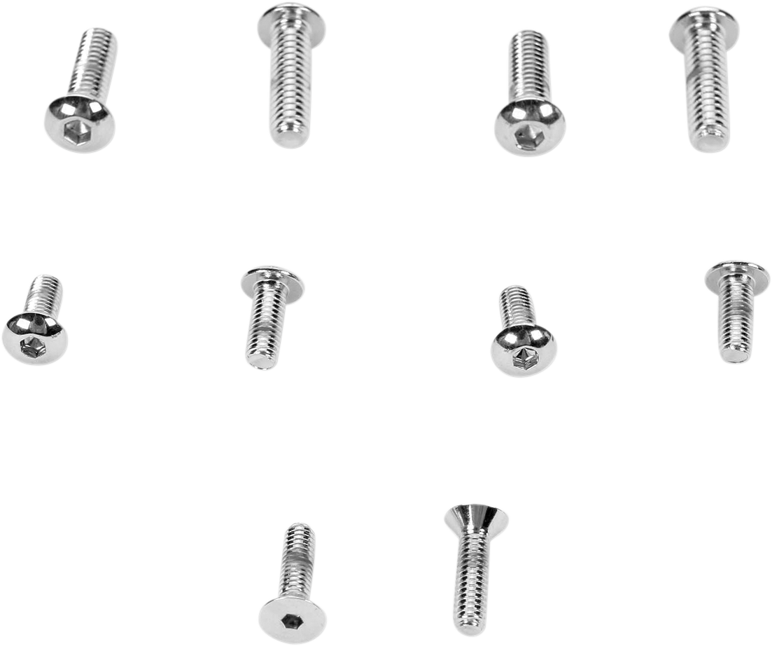 Chrome socket-head screws for motorcycle master cylinder cover by DRAG SPECIALTIES, shown with shiny finish and precise threading.