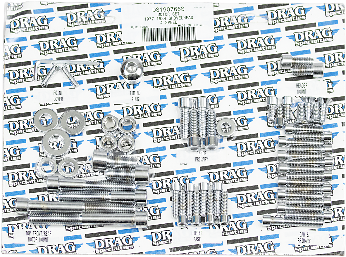 DRAG SPECIALTIES Motor Bolt Set MK109S for Harley FX and FL models, showing a set of replacement engine bolts on a white background.