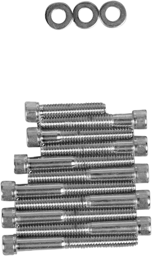 Chrome knurled bolt kit for cam cover by Drag Specialties, fits 1991-2003 Harley Sportster models.