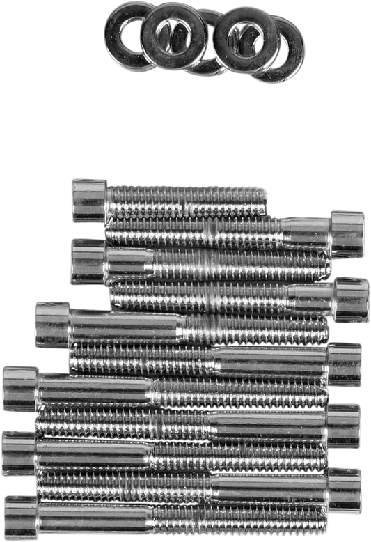 Chrome cam cover bolt kit for Harley-Davidson Sportster from Drag Specialties, includes bolts for engine cover installation.