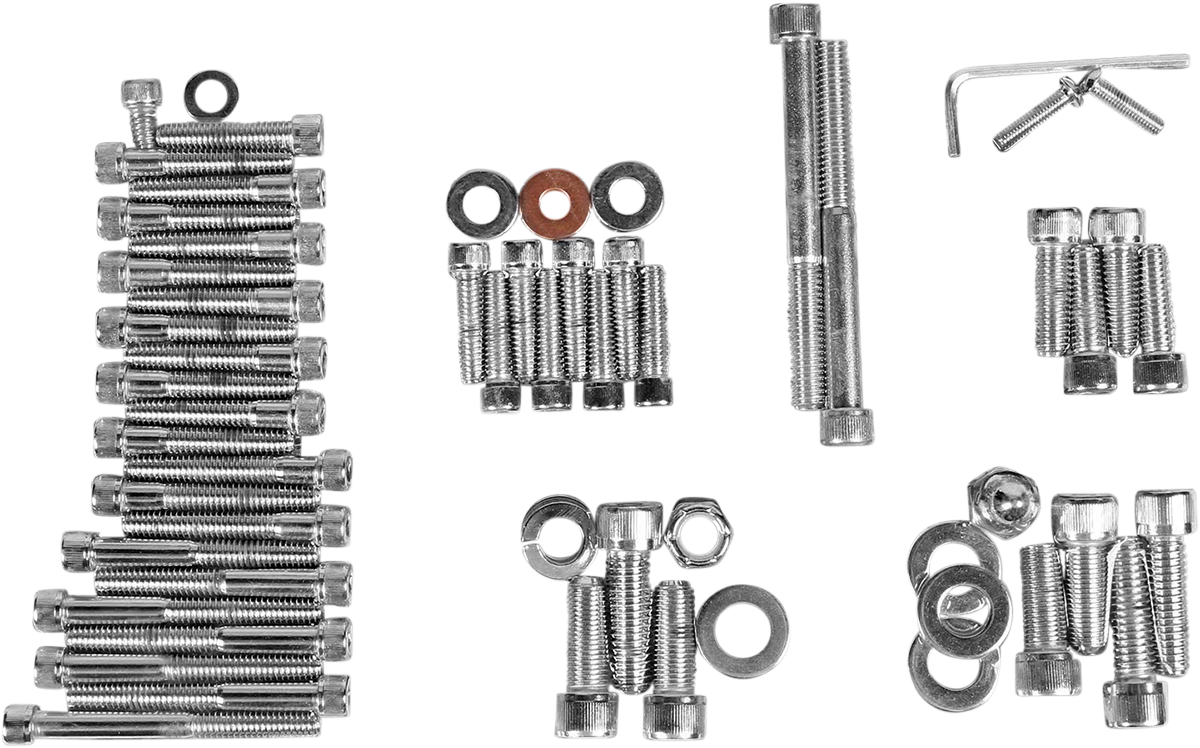 Complete motor bolt kit for Harley Sportster '86-'90 by Drag Specialties, includes various bolts and hardware for engine assembly.