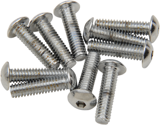 Set of 10 DRAG SPECIALTIES button head replacement bolts, #8-32 x 3/4 inch, for motorcycle parts repair.