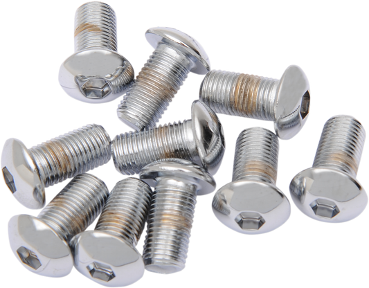 Set of 10 Drag Specialties button head bolts, 3/8"-24 x 1" replacement bolts for motorcycle parts, with polished finish.