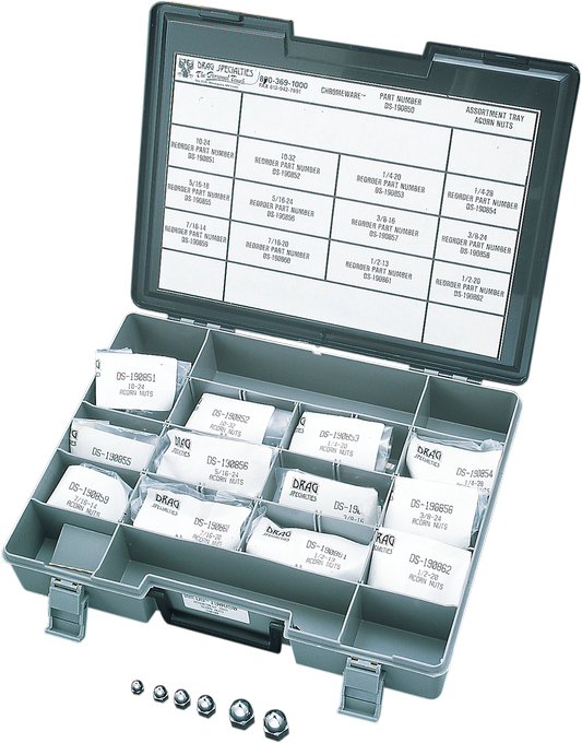 Set of chrome acorn nuts from Drag Specialties MK152 assortment kit, with various sizes and finishes for motorcycle parts.