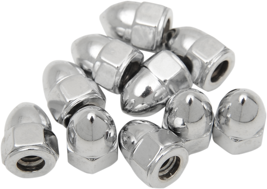 Chrome Drag Specialties Acorn Nut MPB101, motorcycle hardware, shiny metal nut with a rounded top and threaded base.
