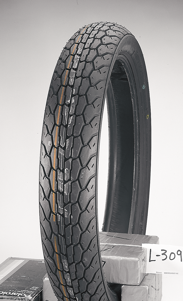 Bridgestone Exedra L309 front motorcycle tire 110/90-18 with tread pattern and sidewall details.