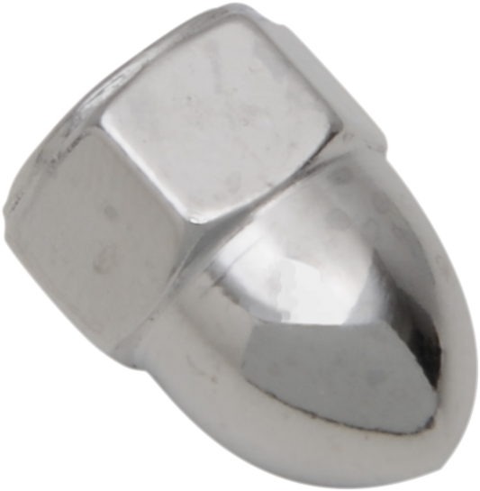 Chrome acorn nut from Drag Specialties, 1/4-inch-28 thread, featuring a polished, rounded top design for motorcycle or bike parts.