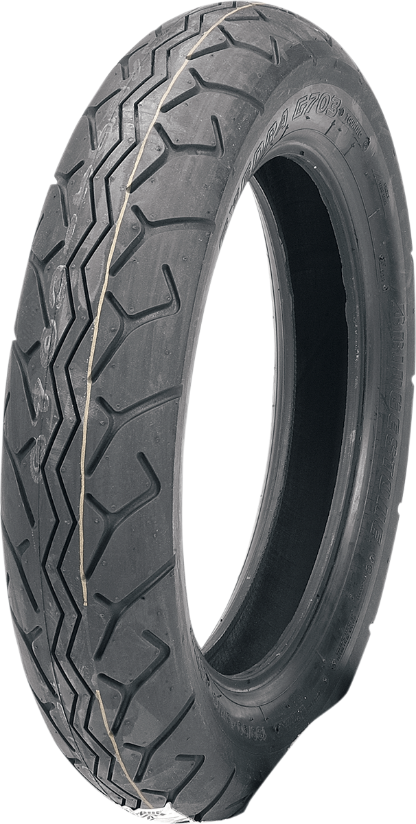BRIDGESTONE Exedra G703-F front motorcycle tire 130/90-16 67H for touring bikes, showing tread pattern and sidewall details.