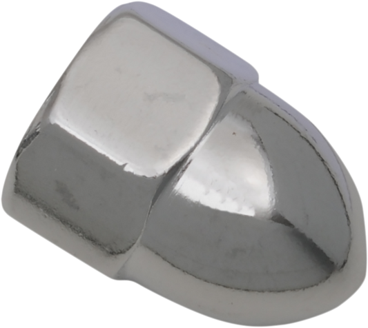 Chrome Drag Specialties Acorn Nut, 1/2-inch-13 thread size, shown on a motorcycle part, with a shiny, smooth finish.