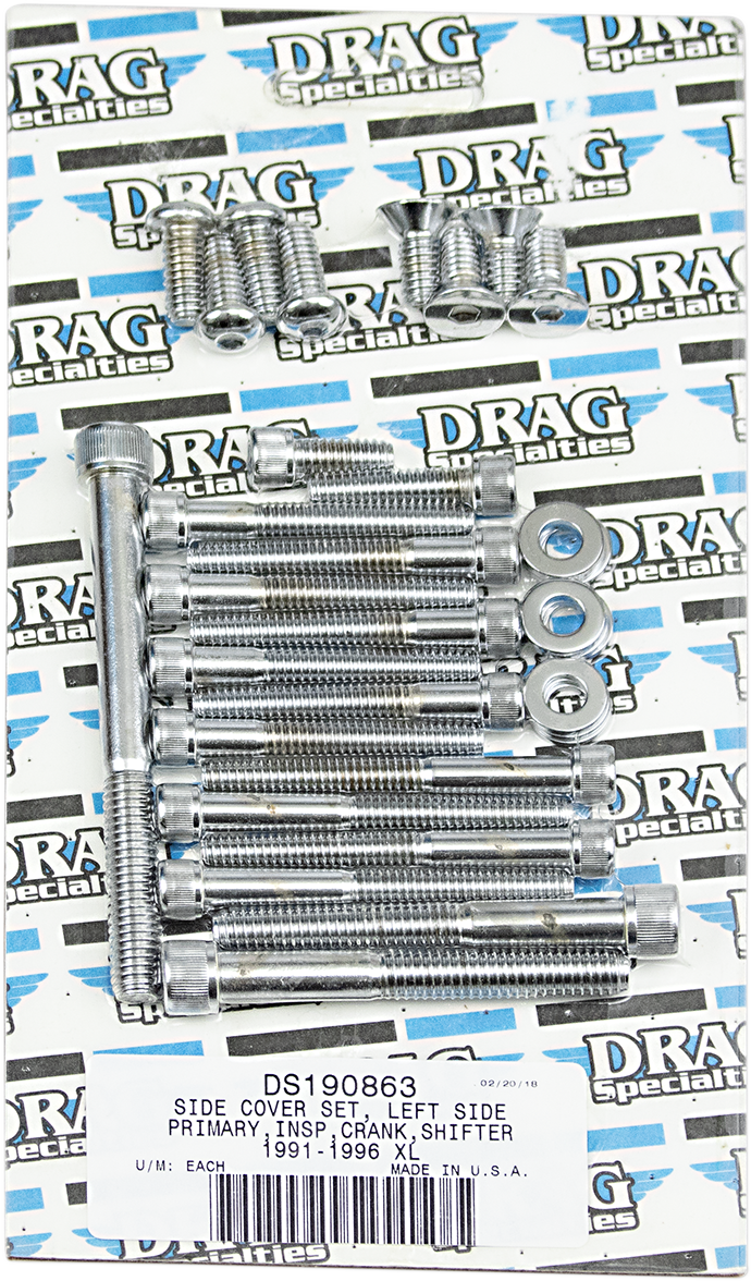 DRAG SPECIALTIES MK248 left side primary cover with crank and shifter bolt set for motorcycle engine.
