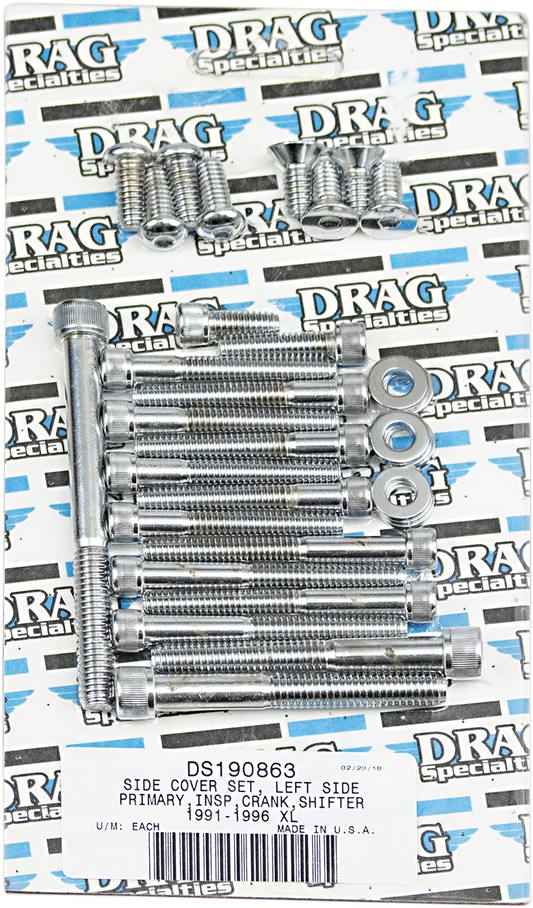 DRAG SPECIALTIES MK248 left side primary cover with crank and shifter bolt set for motorcycle engine.