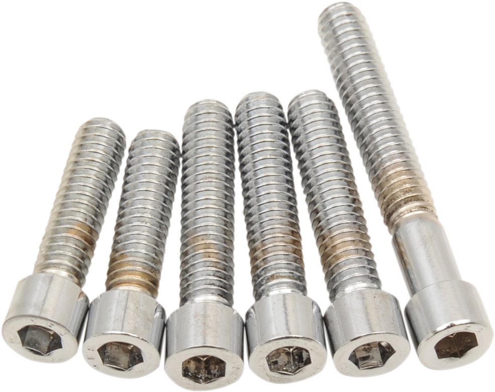 Chrome cam cover bolt kit by Drag Specialties for Harley-Davidson models from 1970 to 1984, shown on a black background.