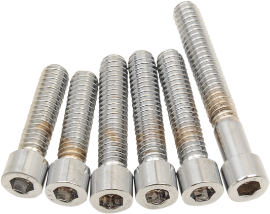 Chrome cam cover bolt kit by Drag Specialties for Harley-Davidson models from 1970 to 1984, shown on a black background.
