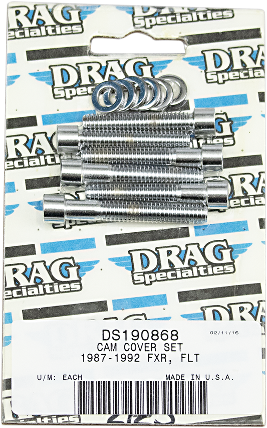 Chrome cam cover bolt kit for Harley-Davidson MK212S from Drag Specialties, includes multiple bolts on a white background