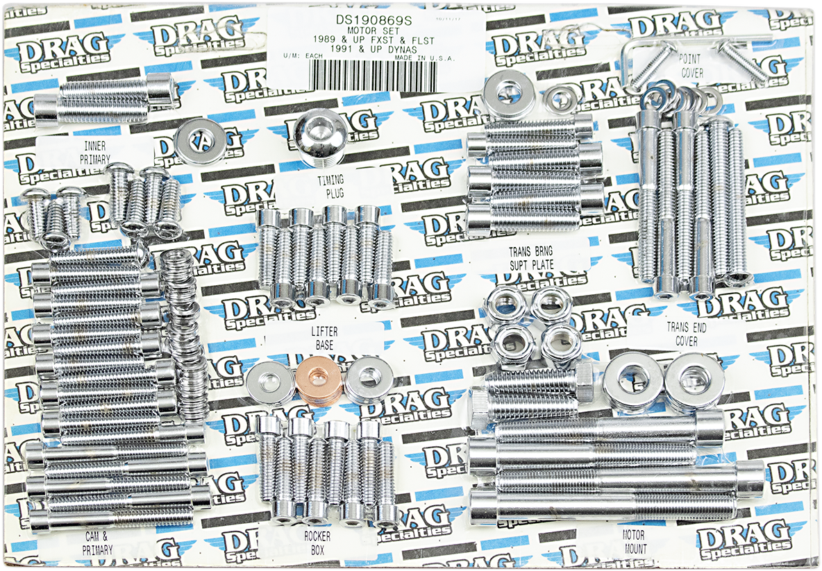 Complete set of motor bolts for '89-'93 Softail models by DRAG SPECIALTIES, shown laid out on a white background.