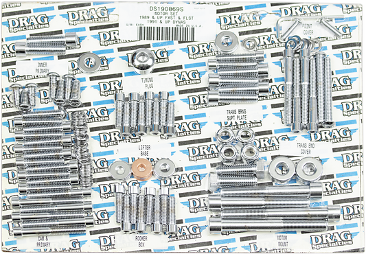 Complete set of motor bolts for '89-'93 Softail models by DRAG SPECIALTIES, shown laid out on a white background.