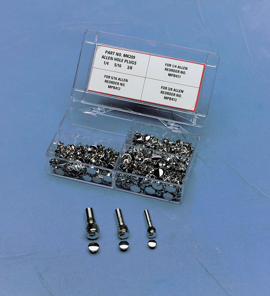 DRAG SPECIALTIES MK209 assortment of socket head plugs with sample Allen bolts, various sizes for motorcycle or automotive use.