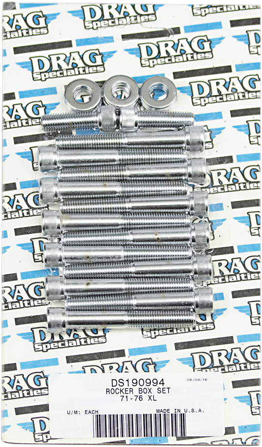 DRAG SPECIALTIES MK208 Harley Sportster rocker box bolt set for models from 1971 to 1976, showing metal bolts on a motorcycle engine.