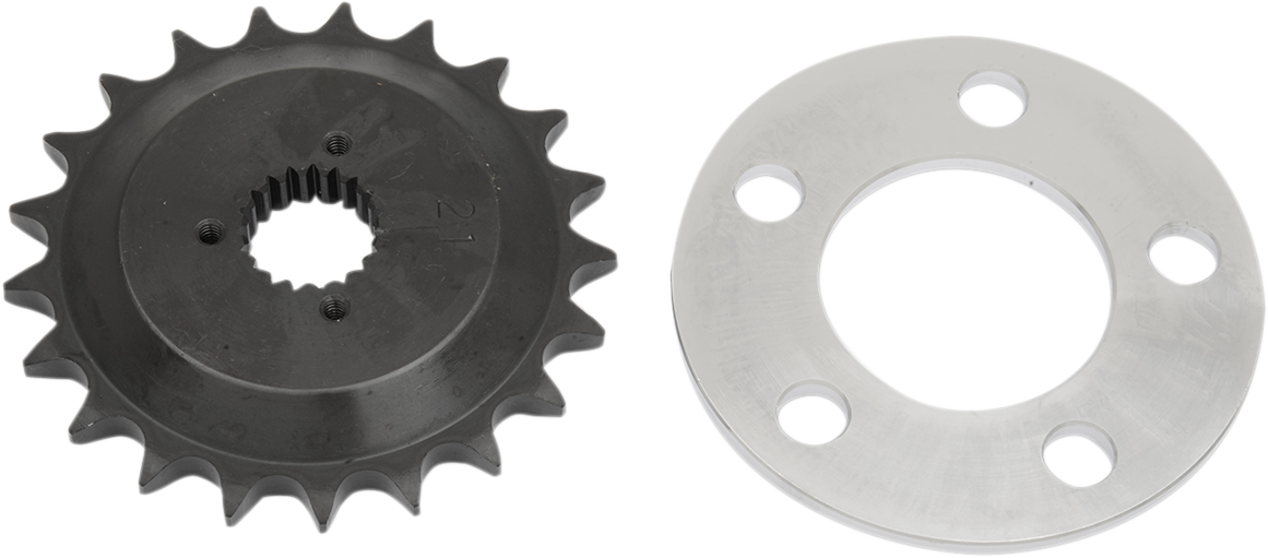 Drag Specialties 21-tooth offset sprocket kit for wide tire installation, featuring durable metal construction and precise fit.
