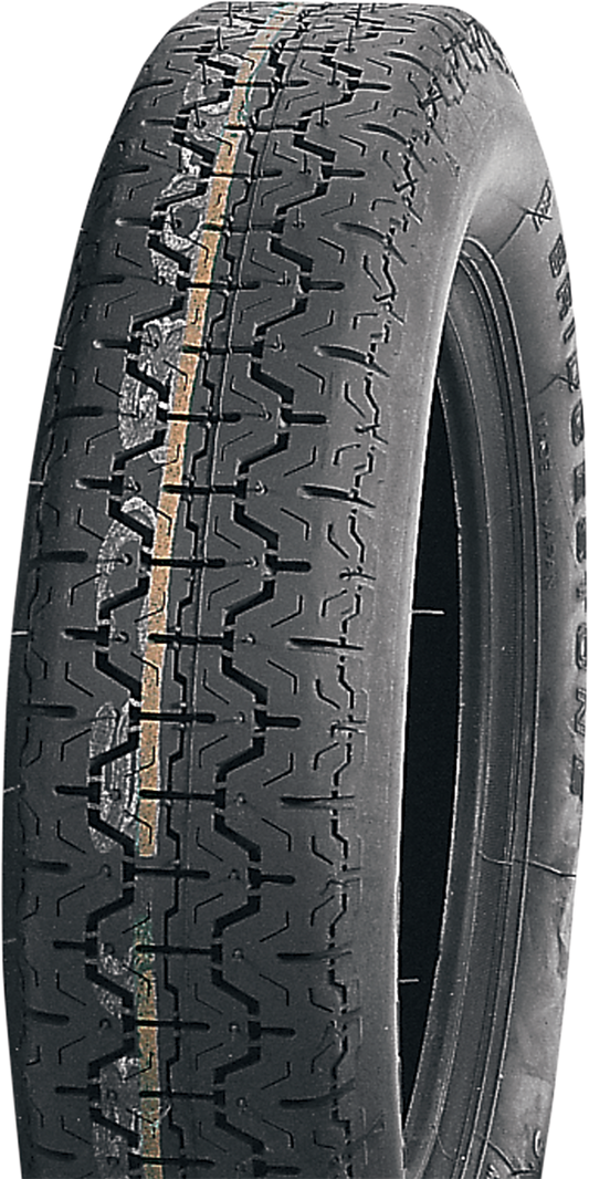 BRIDGESTONE front scooter tire 110/100-12 67J with tread pattern, sidewall details, and branding visible on the tire.