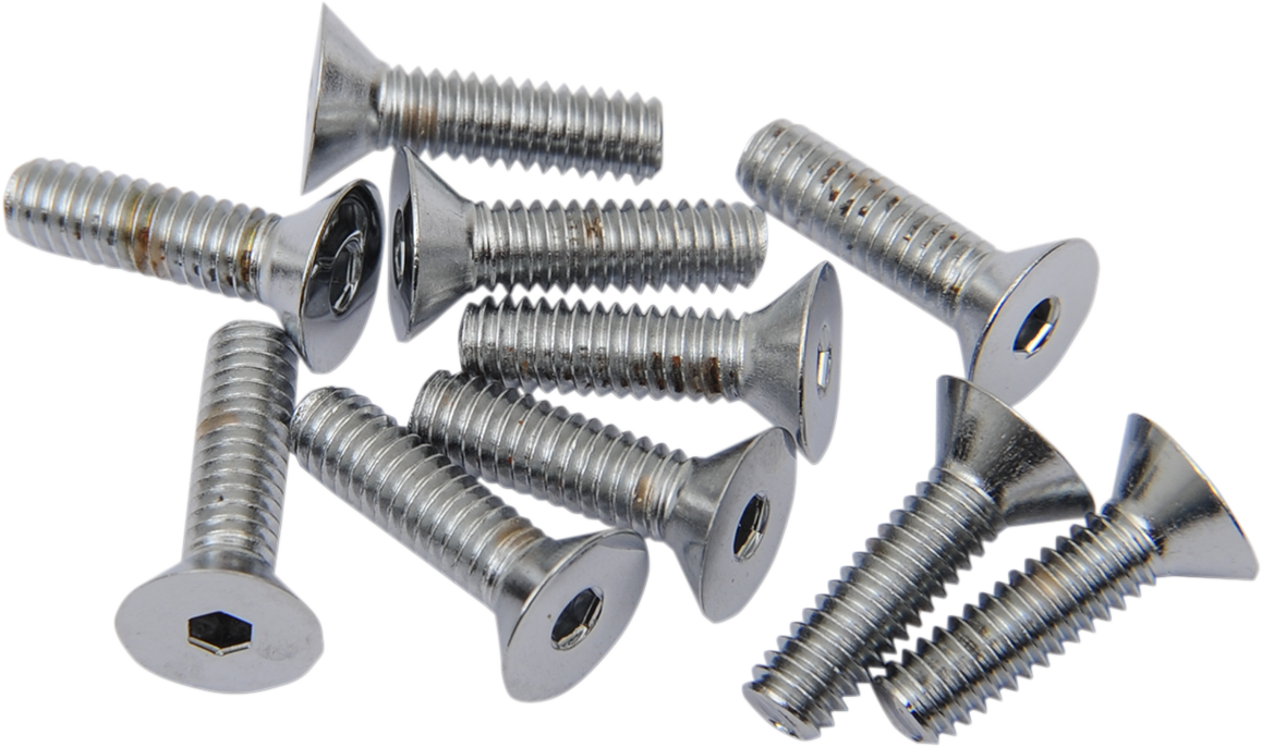 Chrome flat-head bolts by Drag Specialties, 8-32 x 1/2 inch, for motorcycle repairs, shown in a close-up image.