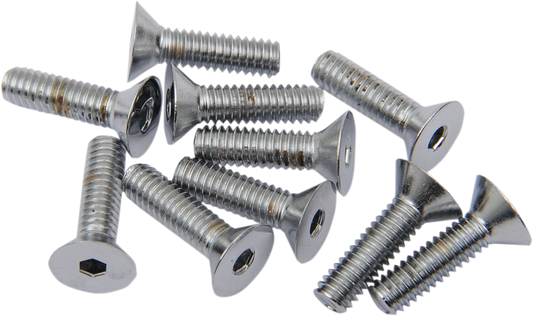 Chrome flat-head bolts by Drag Specialties, 8-32 x 1/2 inch, for motorcycle repairs, shown in a close-up image.