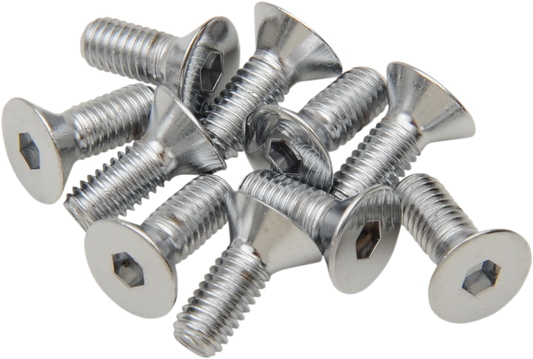 Chrome flat-head bolts by Drag Specialties, size 10-32 x 3/4 inch, shown as replacement fasteners on a motorcycle part.
