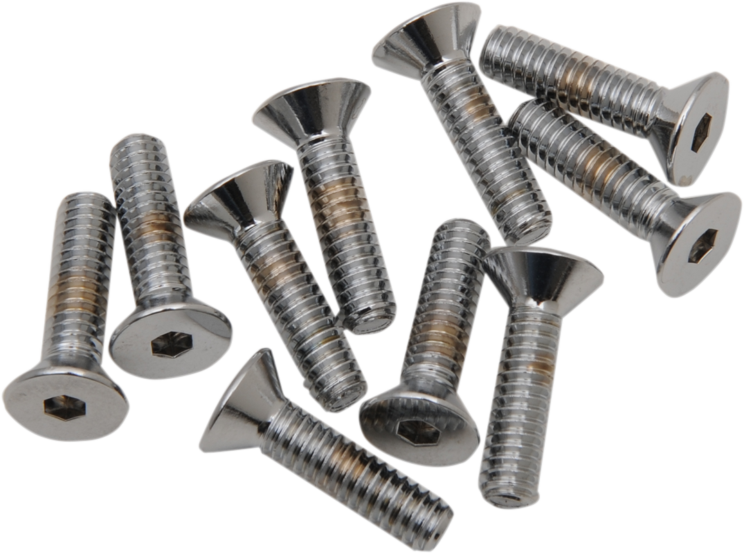 Chrome flat-head bolts from Drag Specialties, 1/4"-20 x 3/4" size, shown in a close-up image.