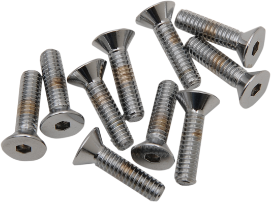 Chrome flat-head bolts from Drag Specialties, 1/4"-20 x 3/4" size, shown in a close-up image.