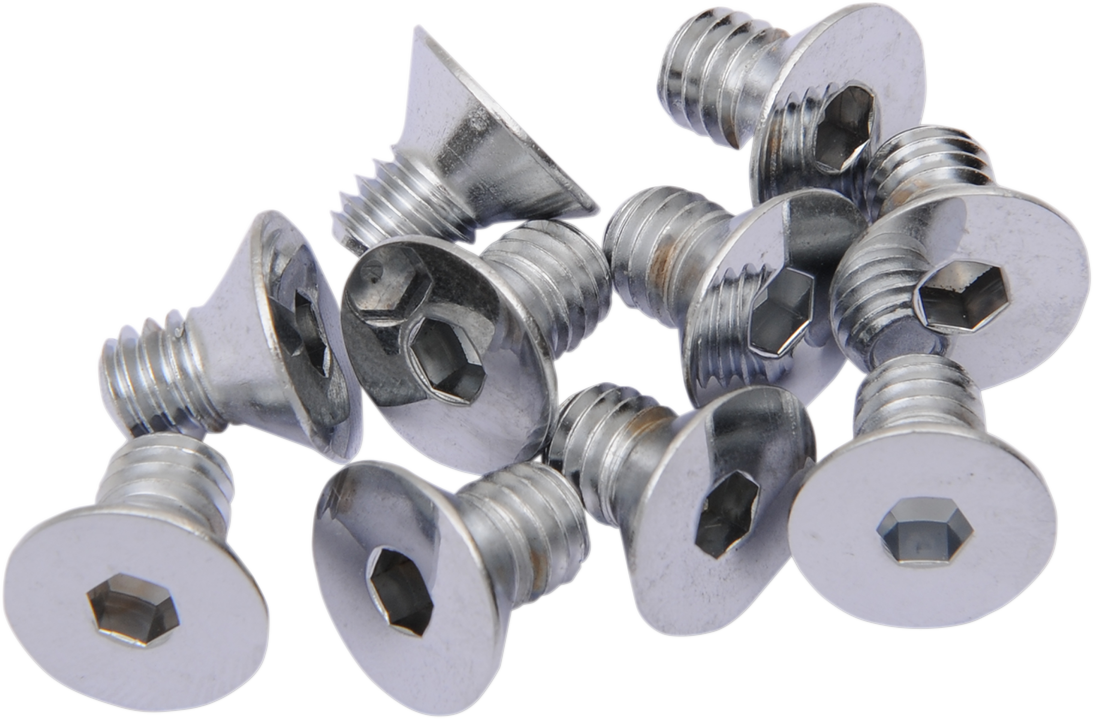 Chrome flat-head bolts for motorcycle repairs from Drag Specialties, featuring durable metal construction and a polished finish.