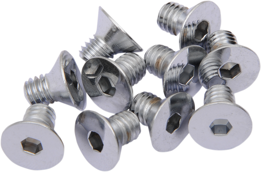 Chrome flat-head bolts for motorcycle repairs from Drag Specialties, featuring durable metal construction and a polished finish.