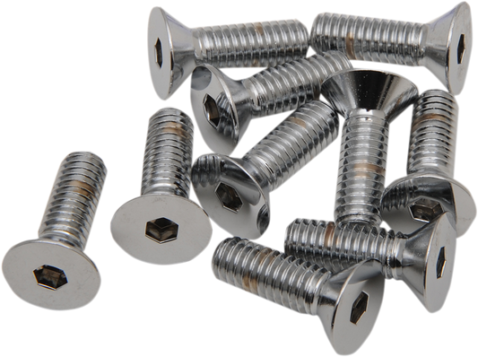 Chrome flat-head bolts by Drag Specialties, 5/16-inch by 3/4-inch size, featuring a sleek, polished finish for motorcycle parts.