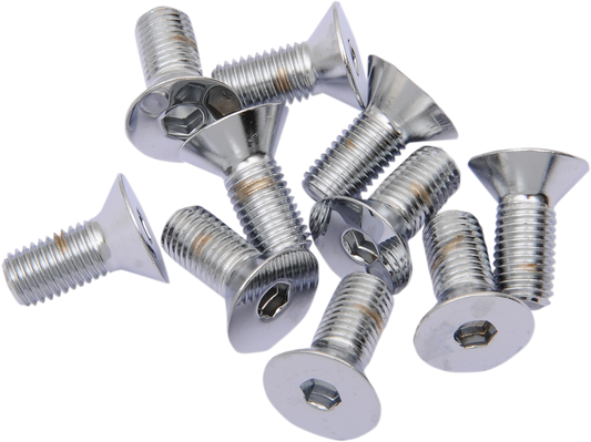 Chrome flat-head bolts by Drag Specialties, 5/16"-24 x 5/8" size, featuring a sleek, polished finish and sturdy construction.