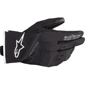Alpinestars Moblast WP motorcycle gloves in black and white, medium size, featuring protective padding and breathable material.