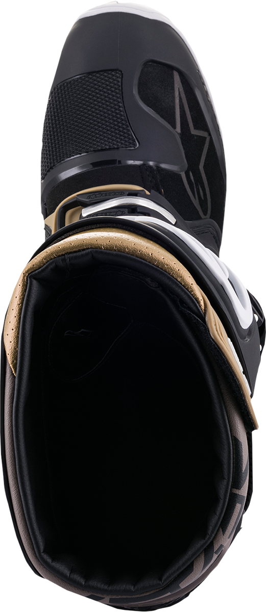 Alpinestars Tech 7 Enduro Drystar® boots in black, gray, and gold with rugged design and secure straps, US 9 size.