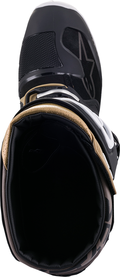Alpinestars Tech 7 Enduro Drystar® motorcycle boots in black, gray, and gold, US size 10, showing the rugged design and protective features.