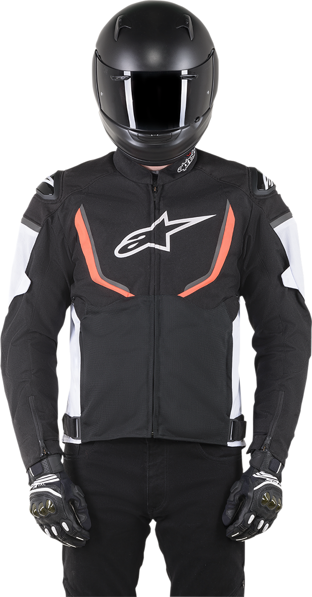 Black, white, and red Alpinestars T-GP R v2 Air jacket for motorcycle riding, shown in small size with protective design details.