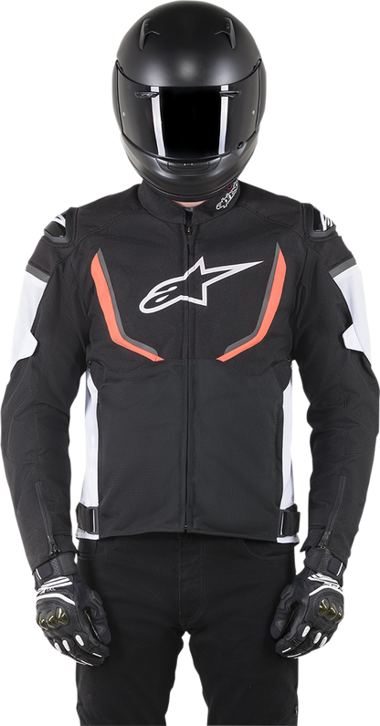 Black, white, and red Alpinestars T-GP R v2 Air jacket for motorcycle riding, shown in small size with protective design details.
