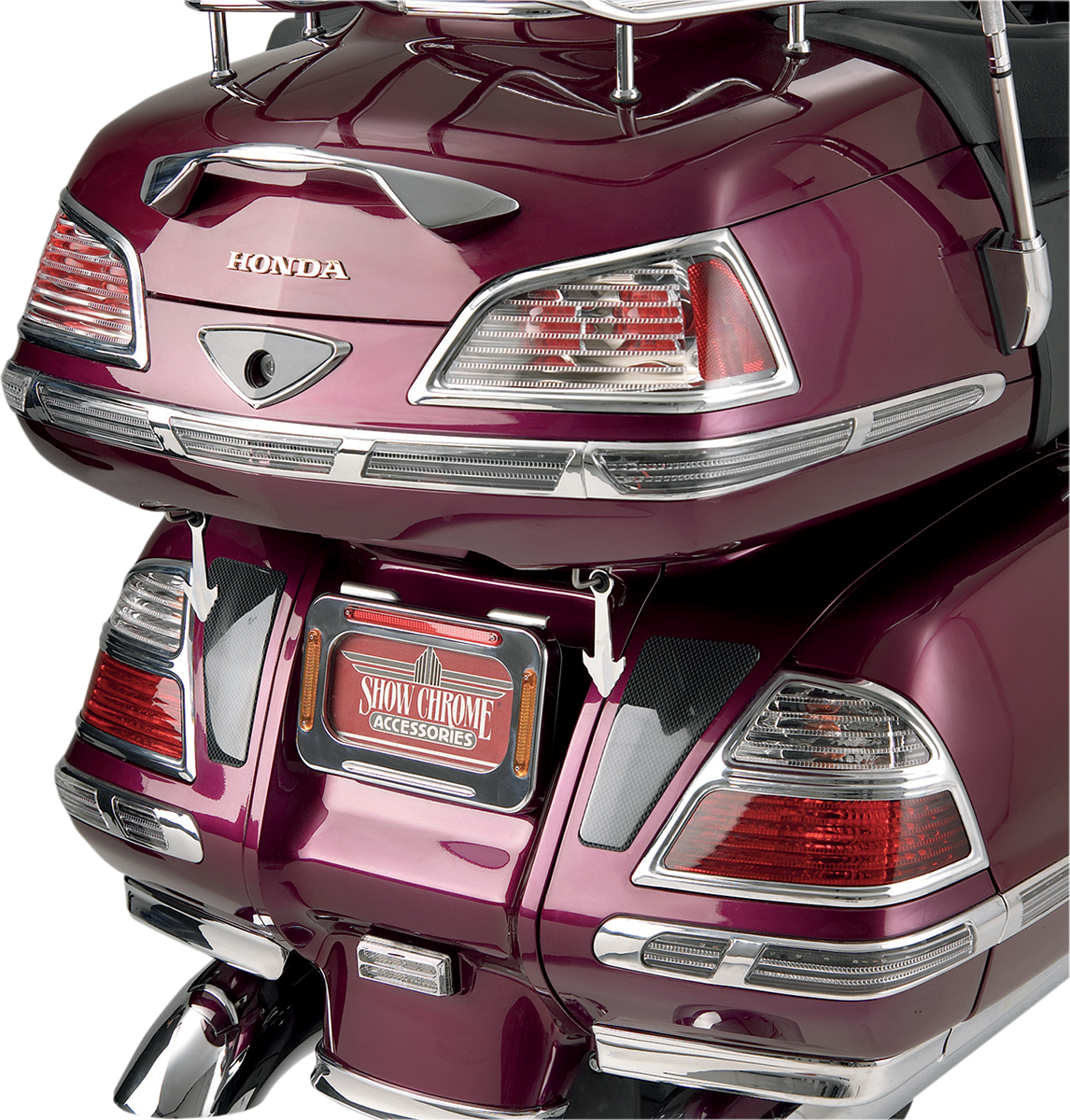 Bill's Exhausts SHOW CHROME Trunk LED Molding Inserts for 2001-2010 Honda Gold Wing GL1800 motorcycle engine, chrome finish, with LED accents.